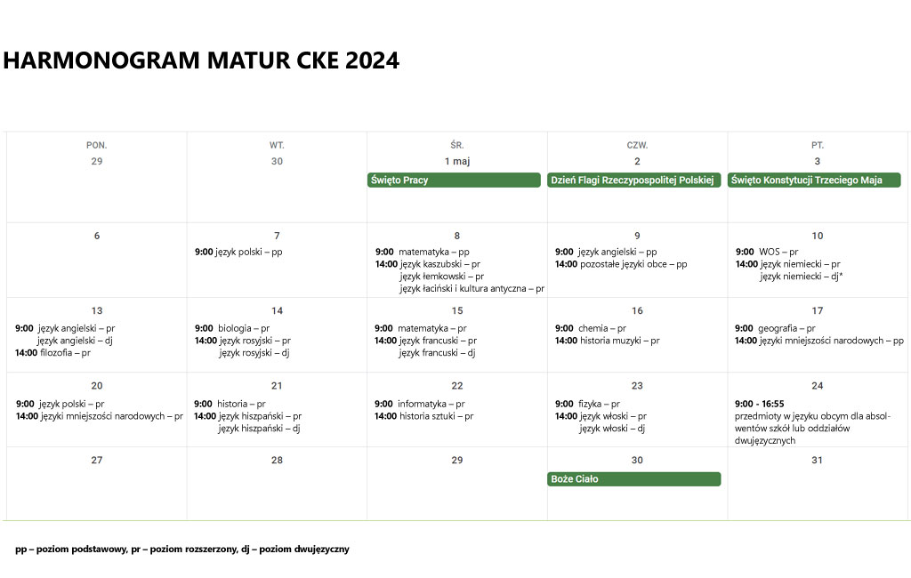 Harmonogram i terminy matury 2024